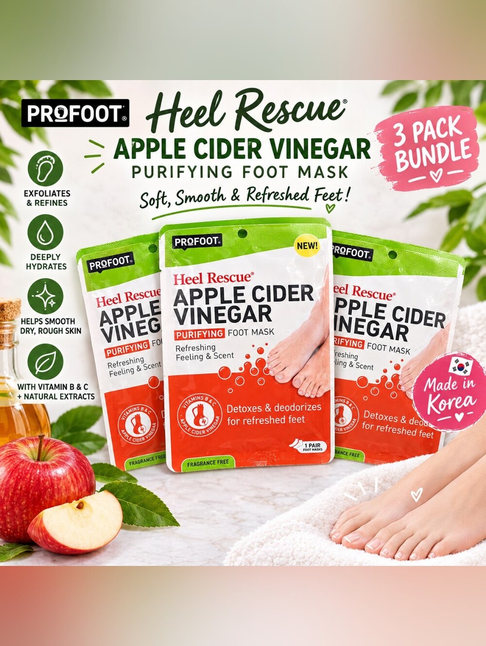 NWT ProFoot Heel Rescue Apple Cider Vinegar Foot Masks 3-Pack | Made in Korea
